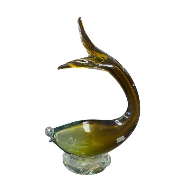 Murano Elegant Amber Sommerso Glass Fish Sculpture 13-Inch Unsigned