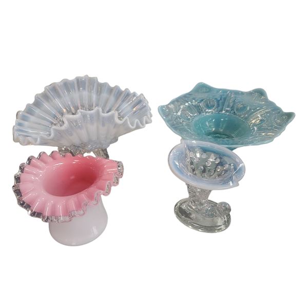 Art Glass Collection: Fenton Ruffed Edge Bowl, Crest Vase, Hobnail Cornucopia and a Northwood Plate