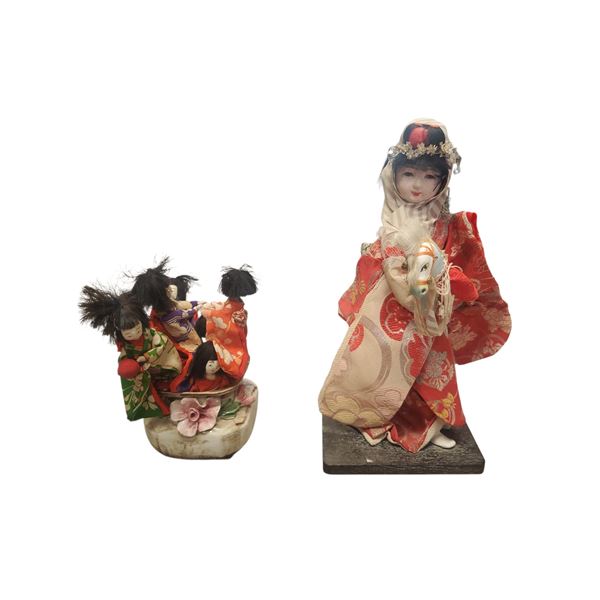 Mid Century Japanese Porcelain Doll Harugoma Dancer 12-Inch and 6 Kimekomi Dolls 5-Inch
