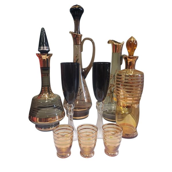 Mid-Century Modern Amber Bohemian Style Decanters and Glasses Collection