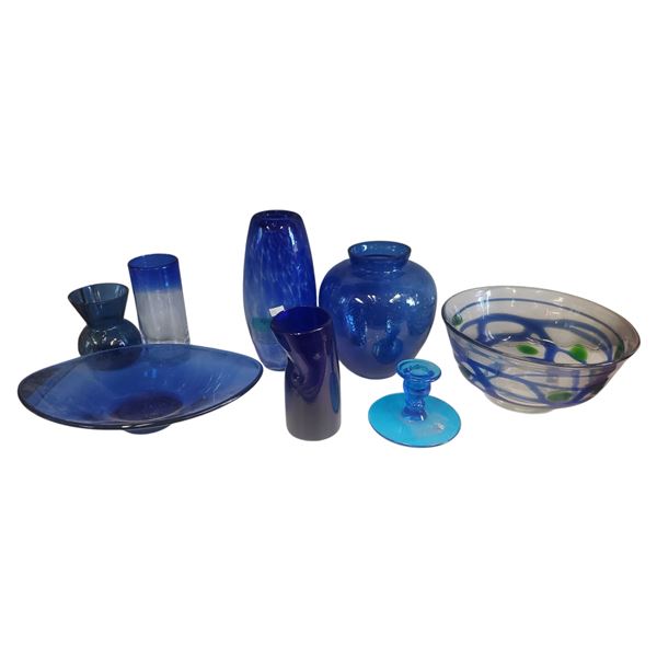 Assorted Vintage Blue Themed Art Glass Collection: Vases, Bowls, Candlestick Holders and Dish