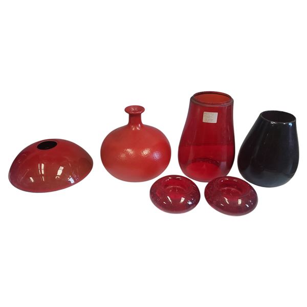 Assorted Vintage Red Themed Art Glass Collection Candle Stick Holders and Vases Tallest 7-Inch