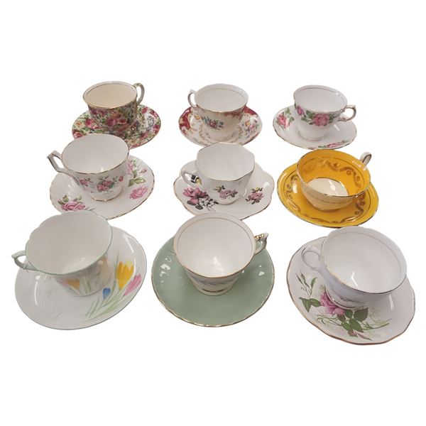 9 Vintage Teacups & Matching Saucers Shelley, Aynsley, Royal Vale, Colclough & Royal Winton & Rosina
