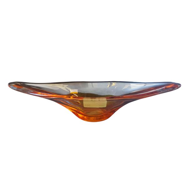 Mid Century Modern Art Glass Centerpiece Bowl Coquille Orange & Clear 16-Inch Wide