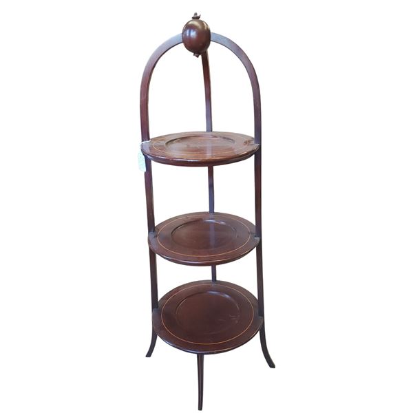 Vintage Antique Mahogany Inlaid 3-Tier Lazy Butler Cake Stand Edwardian Style 35-Inch Tall
