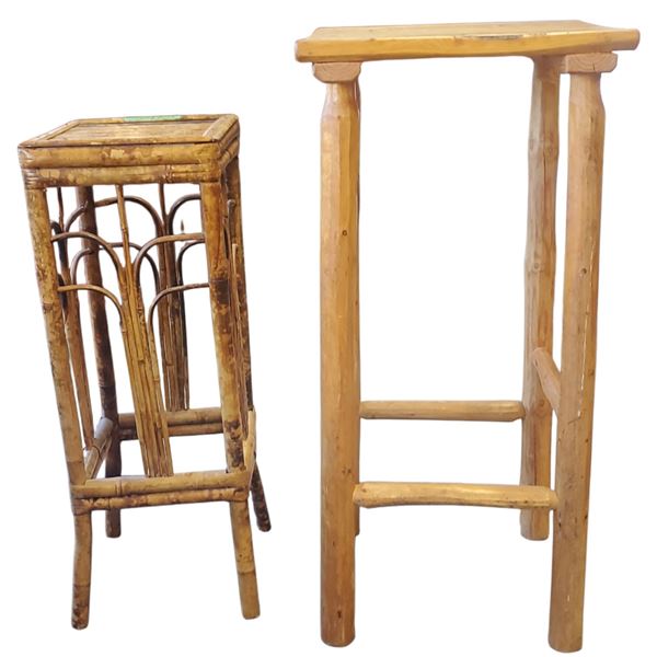 Folk Art Style Log Construction Hall Table 15x15x32 & Burnt Bamboo Plant Stand 10.5x10.5x29