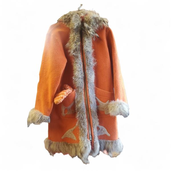 Inuit 1960s-70s Fur Lined Orange Wool Hooded Parka, Mittens & Scarf 32" Long 17" Across Shoulders
