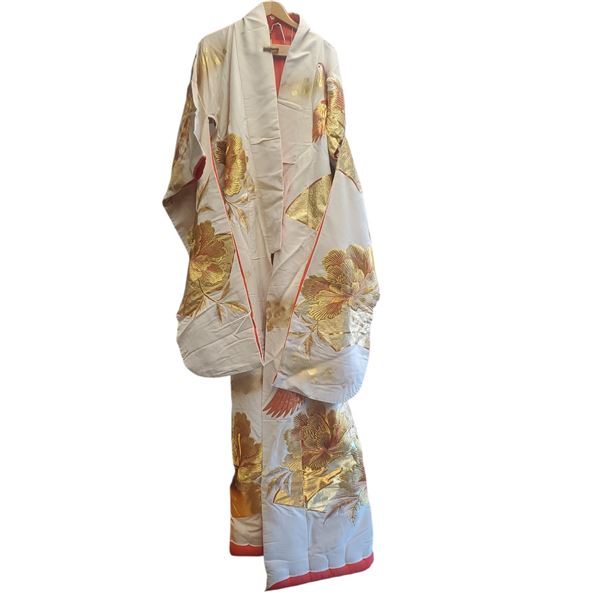 Beautiful Japanese Kimono Cream & Orange with Gold Floral & Pheasant Embroidery 71-Inch with Box
