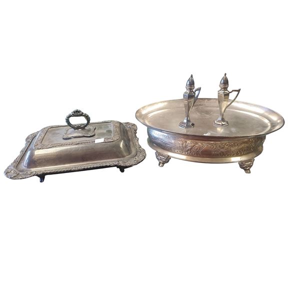 Collection of Silver Plate Items: Salt & Pepper Shakers & Serving Trays