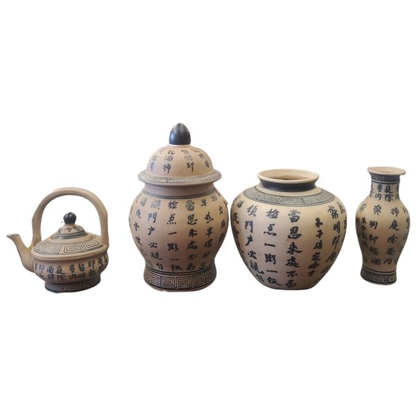 Vintage Unglazed Ceramic Calligraphy Adorned Jars & Tea Pots Set