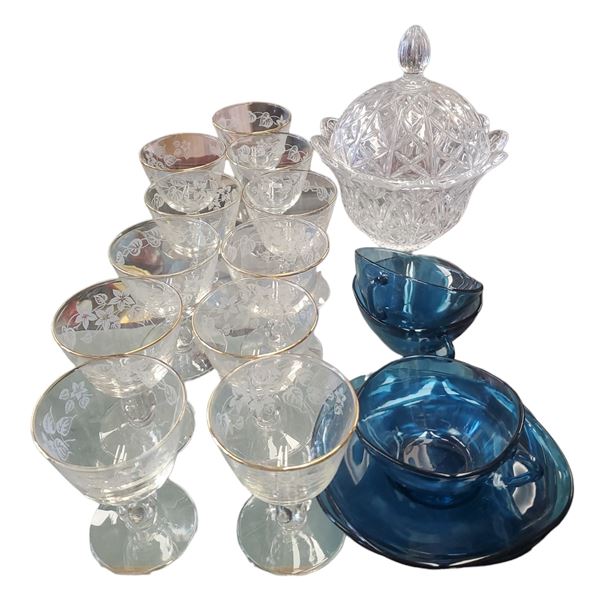 Glassware Collection: Gold Trimmed Etched Glasses, French Verico Blue Tea Cups & Deplomb Candy Dish