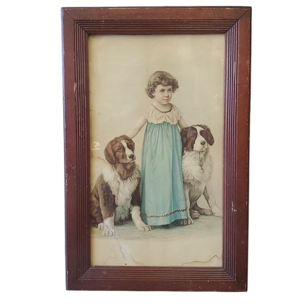 Vintage Lithograph Print Victorian Scene Girl with Two Dogs 14x21.5-Inch