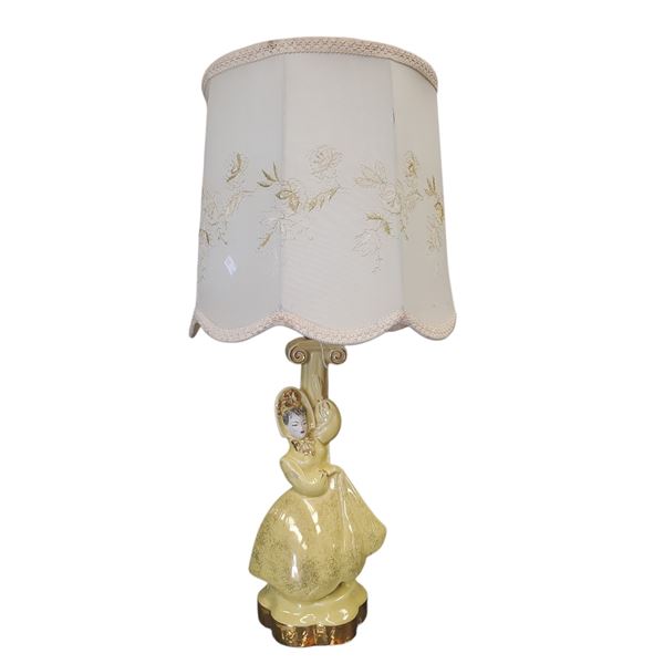 Vintage Mid-Century Decorative Lamp Colonial Lady Yellow Dress Floral Embroidered Shade