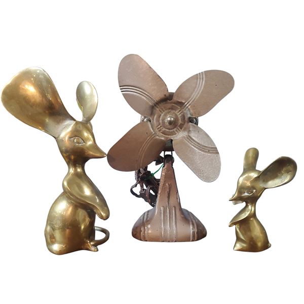 Two Brass Mice Sculptures & Vintage Made-Rite Cast Iron Desk Fan