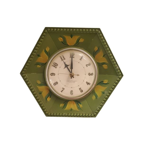 Westclox No Cord Wall Clock Hexagon Shape Hand Painted Floral Folk Art Design 9" Diameter