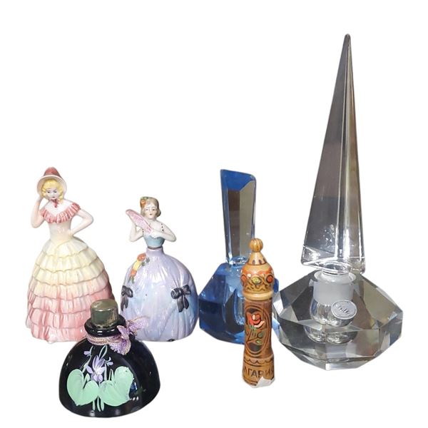 Collection of 6 Various Perfume Bottles Wood, Porcelain, Crystal & Glass