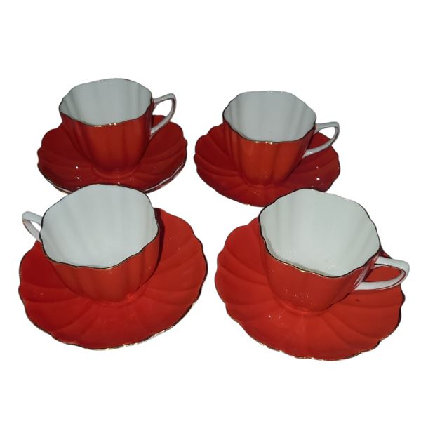 Old Royal China Set 4 Cups & Saucers Extra Saucer Bright Orange Gold Trim