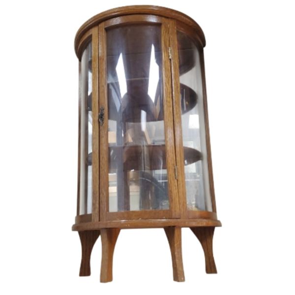 Small Vintage Oak Curio Cabinet Bow Front Design 22x12-Inch