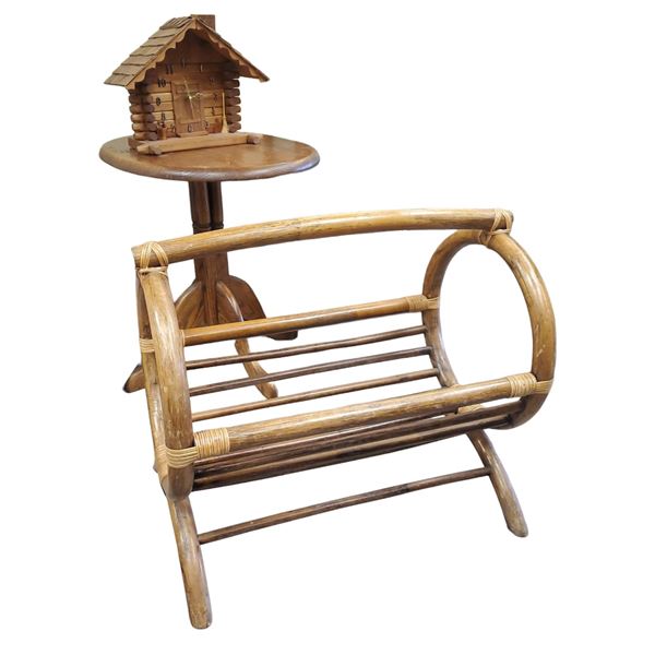 Small Oak Pedestal Table 12x16x20", Rattan Cradle Style Blanket or Magazine Basket & Log Cabin Clock