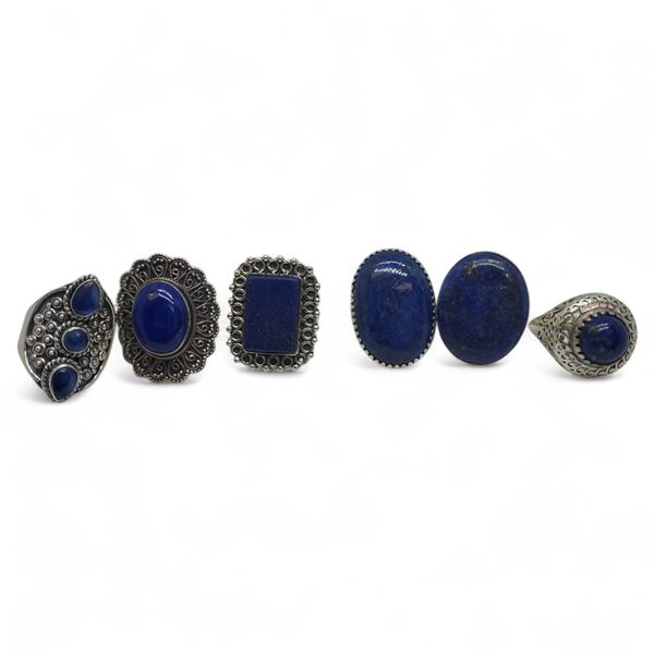 6 New Polished Lapis Lazuli Rings in Silver Settings * all stamped .925 (longest ring is 26 mm) * To