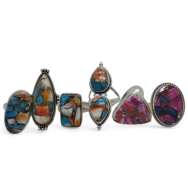 6 New Spiny Oyster Copper Turquoise Rings in Silver Settings * all stamped .925 (longest ring is 40