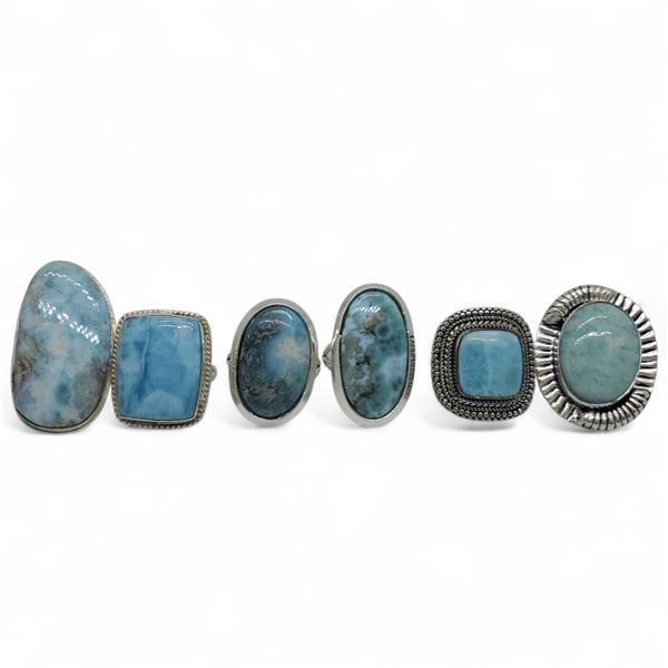 6 New Polished Natural Larimar Rings in Silver Settings * all stamped .925 (longest ring is 36 mm) *