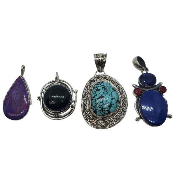 4 New Polished & Faceted Natural Gemstone Pendants * all stamped .925 (Lapis with Garnet, Charoite,
