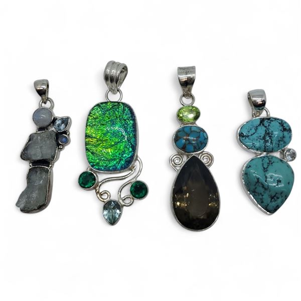 4 New Polished & Faceted Natural Gemstone  Crystal Pendants * all stamped .925 (Triplet Opal, Turquo