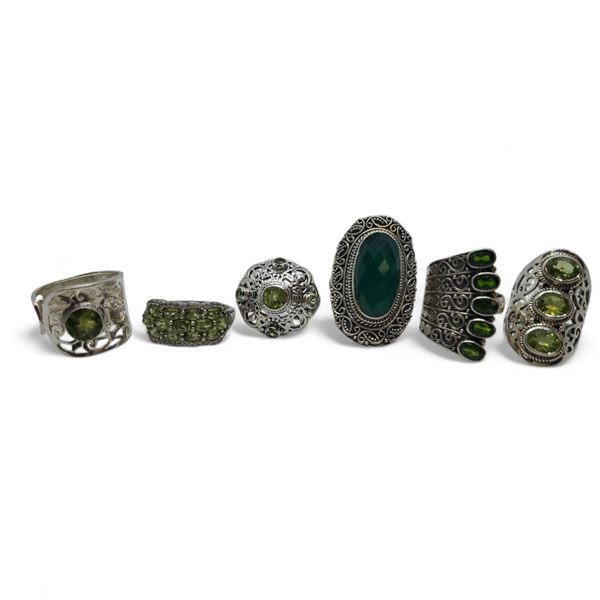 6 New Faceted Peridot & Emerald Crystal Rings in Silver Settings * all stamped .925 (longest ring is