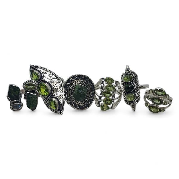 6 New Faceted Peridot Crystal & Raw Moldavite Rings in Silver Settings * all stamped .925 (longest r