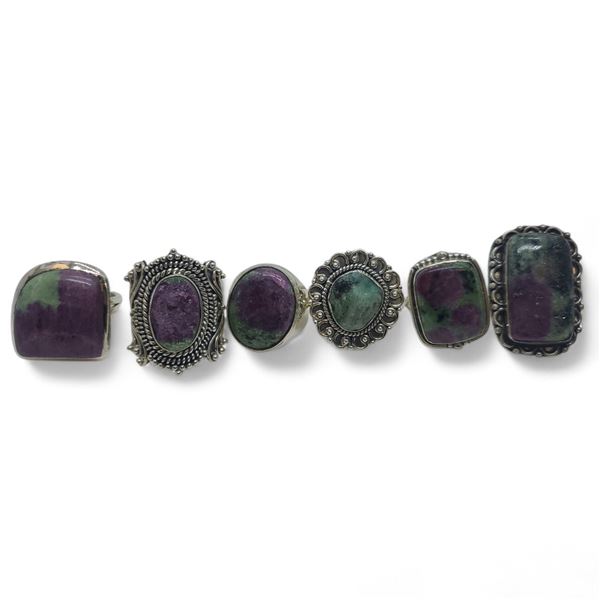 6 New Raw ad Polished Ruby Zoisite Rings in Silver Settings * all stamped .925 (longest ring is 36 m
