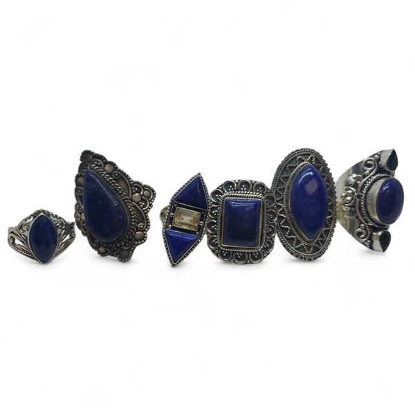 6 New Polished Lapis Lazuli Rings in Silver Settings * all stamped .925 (longest ring is 39 mm) * To