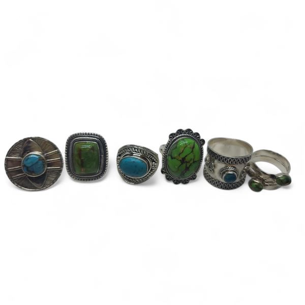 6 New Blue Turquoise & Green Copper Turquoise Rings in Silver Settings * all stamped .925 (longest r