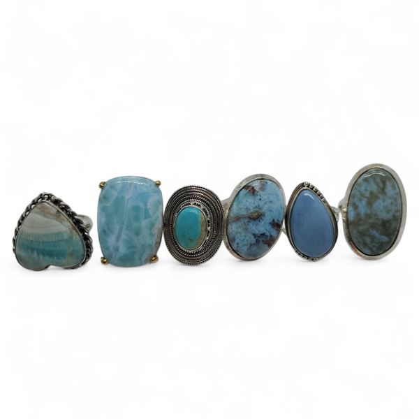 6 New Polished Natural Larimar & Agate Rings in Silver Settings * all stamped .925 (longest ring is