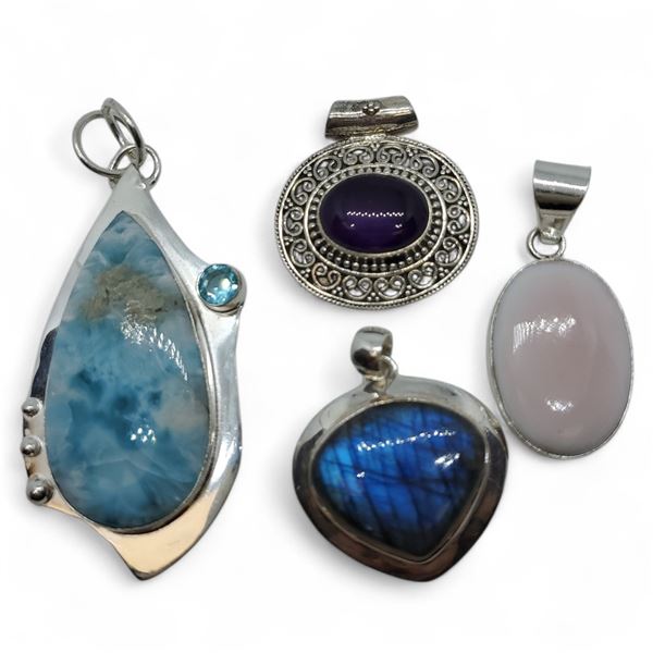 4 New Polished & Faceted Natural Gemstone Pendants * all stamped .925 (Larimar with Aquamarine, Labr