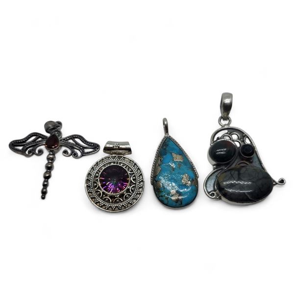 4 New Polished & Faceted Natural Gemstone Pendants * all stamped .925 (Garnet, Mystic Topaz, Copper