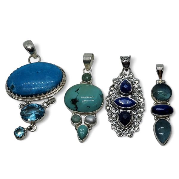 4 New Polished & Faceted Natural Gemstone & Crystal Pendants * all stamped .925 (Turquoise, Aquamari