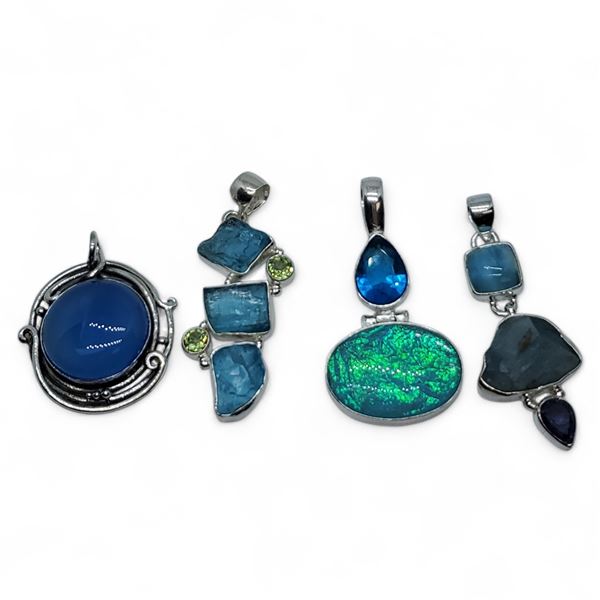 4 New Polished & Faceted Natural Gemstone & Crystal Pendants * all stamped .925 (Raw Aquamarine, Cha