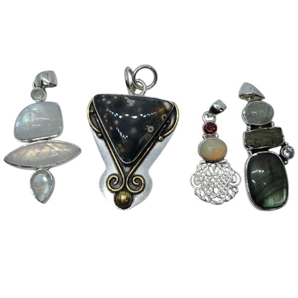 4 New Polished & Faceted Natural Gemstone & Crystal Pendants * all stamped .925 (Labradorite, Moonst