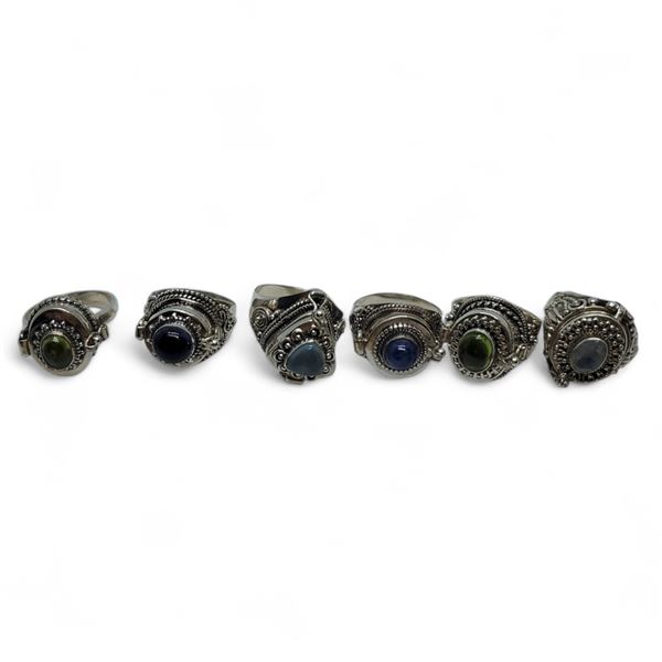 6 New Poison Compartment Gemstone Rings in Silver Settings - all stamped .925 (longest ring is 21 mm