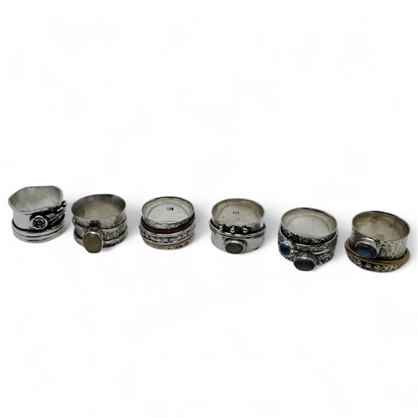 6 New Silver Band Rings * all stamped .925 (widest ring is 14 mm) Most have gemstones & some have br