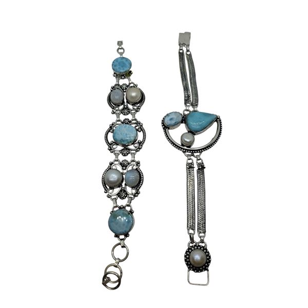 2 New Larimar and Pearl Bracelets in Silver Settings * Both stamped .925 (widest bracelet is 45 mm)
