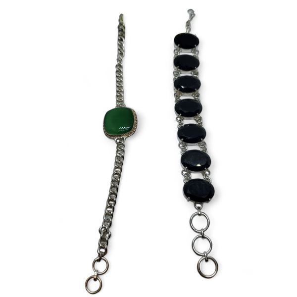 1 New Green Onyx and 1 Black Crystal Bracelet in Silver Settings * Both stamped .925 (widest bracele