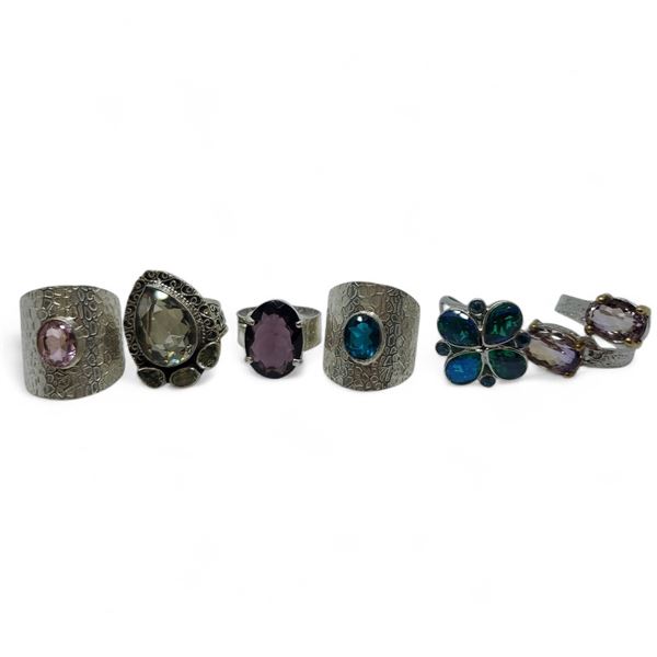 6 New Faceted Peridot, Amethyst. Pink Morganite & Blue Crystal & Quartz Rings in Silver Settings * a