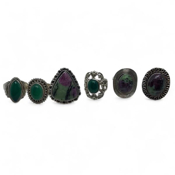 6 New Polished Natural Green Agate & Ruby Zoisite Rings in Silver Settings * all stamped .925 (longe