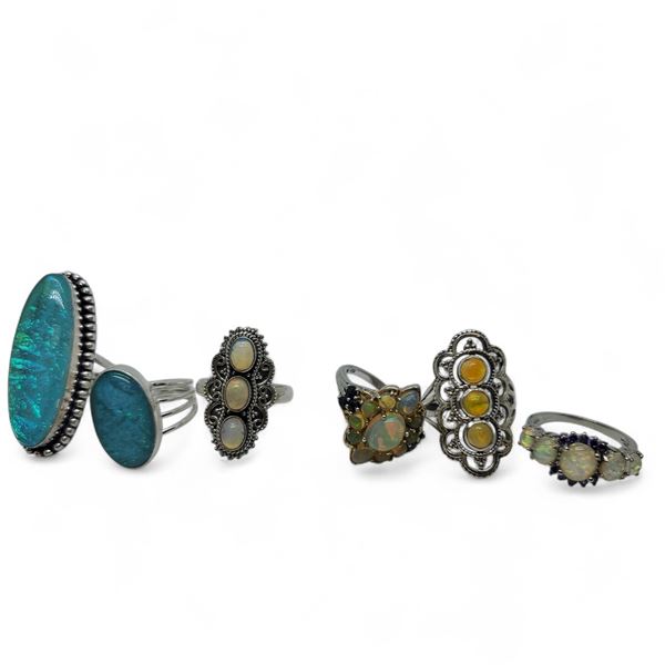 6 New Triplet Opal Rings (some with crystal accents) in Silver Settings * all stamped .925 (longest