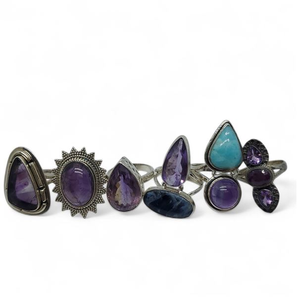 6 New Polished & Faceted Amethyst & Natural Stone Rings in Silver Settings * all stamped .925 (longe