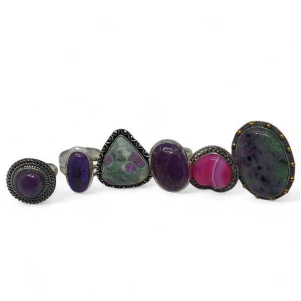 6 New Polished Charoite, Ruby Zoisite & Pink Agate Ring in Silver Settings * all stamped .925 (longe
