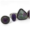Image 2 : 6 New Polished Charoite, Ruby Zoisite & Pink Agate Ring in Silver Settings * all stamped .925 (longe