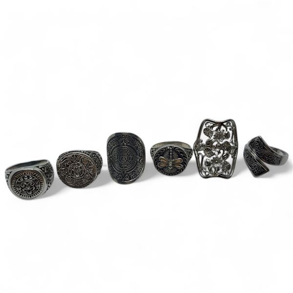 6 New Silver Rings Stamped .925 * Variety of Patterns * Total weight: 47.1 grams